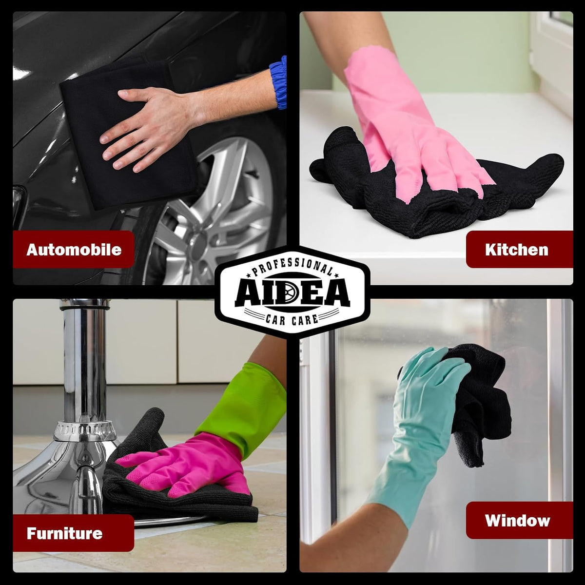 AIDEA Microfiber Cleaning Cloth 10PK, Black, 12x12, Microfiber Towels for Cars, Houses, and Kitchens
