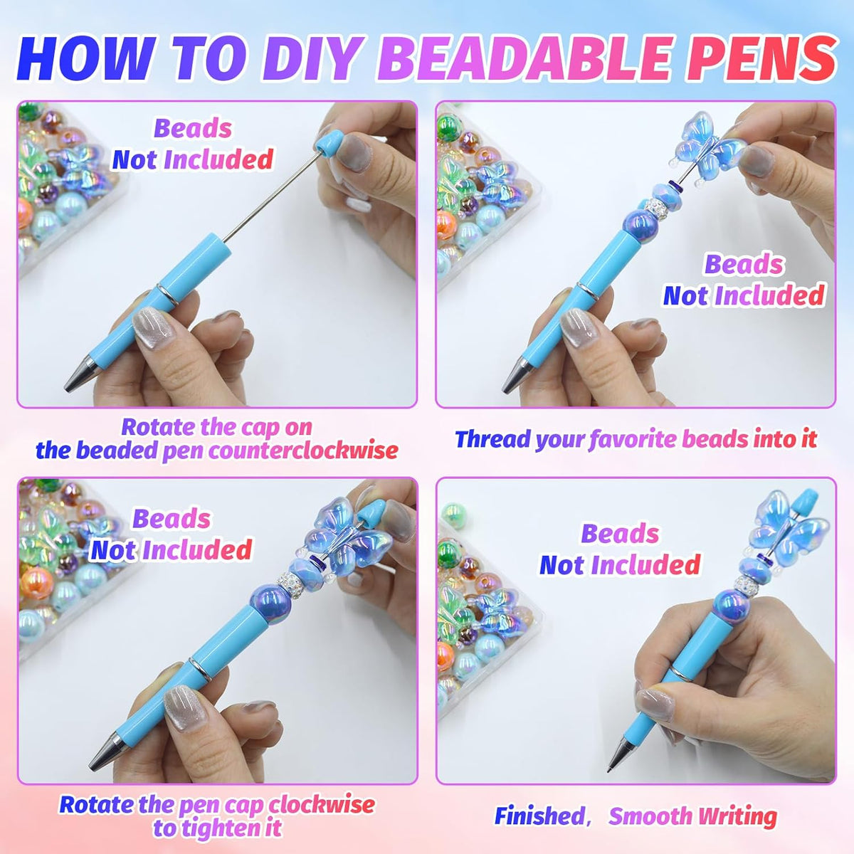 150 Pieces DIY Beadable Pen Kit – 50 Plastic Ballpoint Pens with Refills & Bags, Beads Not Included – School Supplies, Office Accessories & Craft Gifts for Students & Teachers (Multicolor)