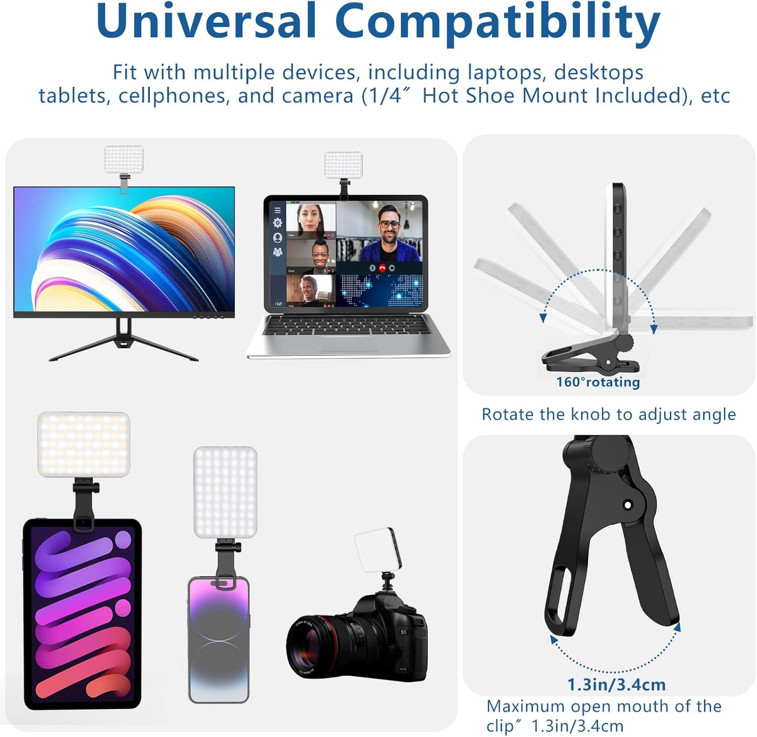 ALTSON 60 LED Portable Selfie Light Video Conference Lighting with Clip & Camera Tripod Adapter Rechargeable 2200mAh CRI 97+, 3 Light Modes for Phone iPhone Webcam Laptop Photo Makeup