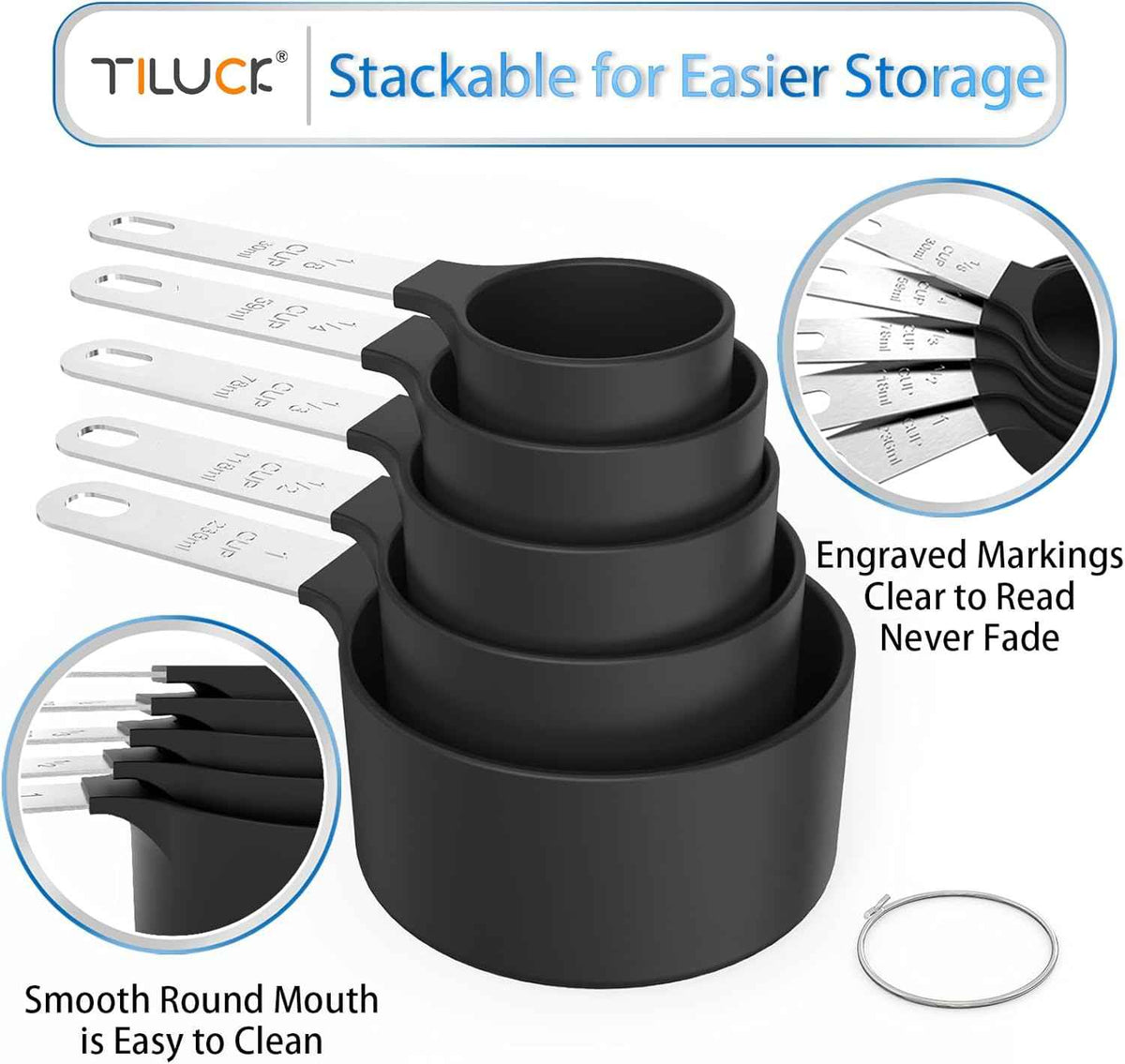 TILUCK Measuring Cups & Spoons Set, Stackable Cups and Spoons, Nesting Measure Cups with Stainless Steel Handle, Kitchen Gadgets for Cooking & Baking (Black)