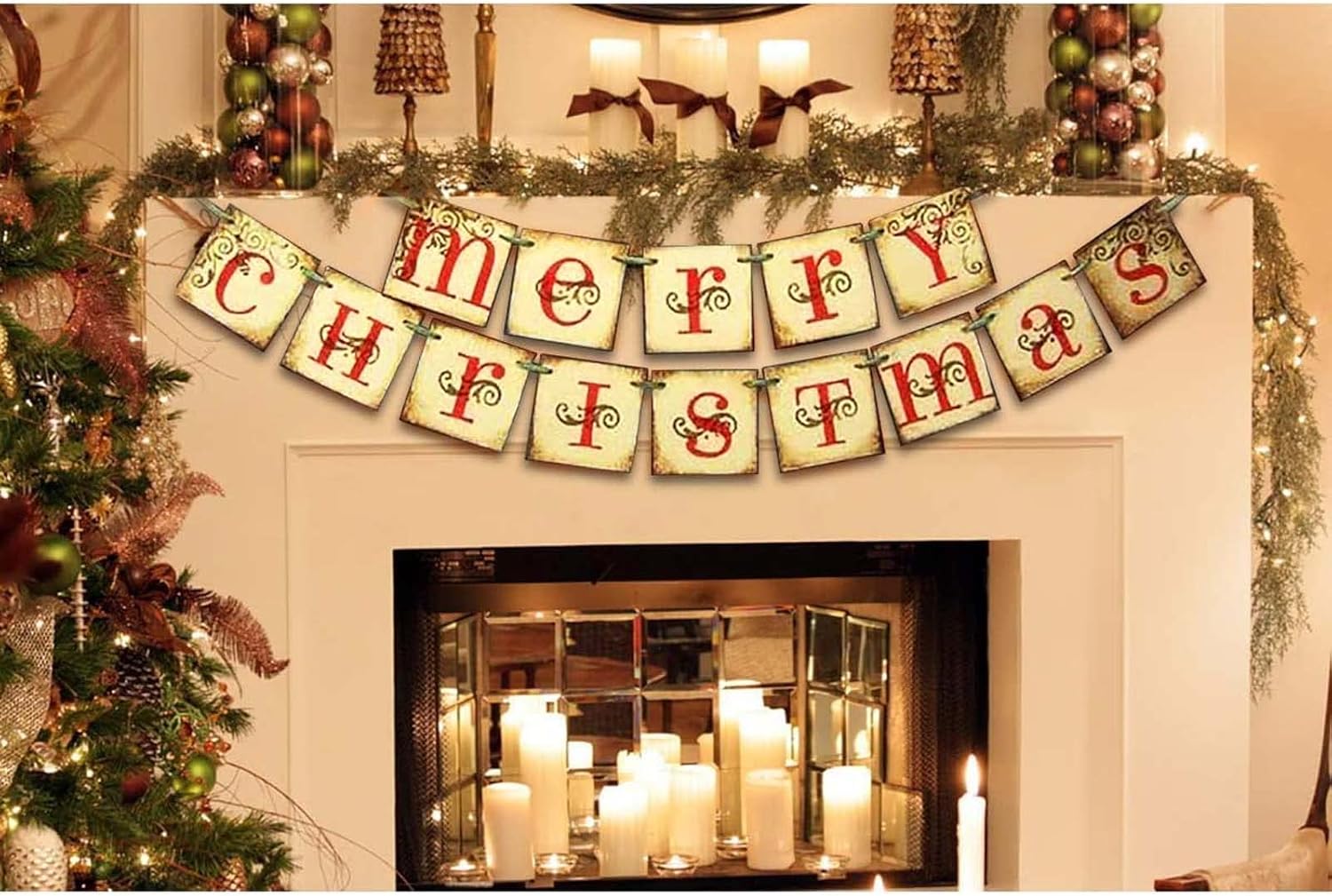 Christmas Decorations - Vintage Merry Christmas Banner - Retro Nostalgic Traditional Old Fashioned Victorian Xmas Holiday Clearance Decor for Indoor Home Office Fireplace Mantle Farmhouse