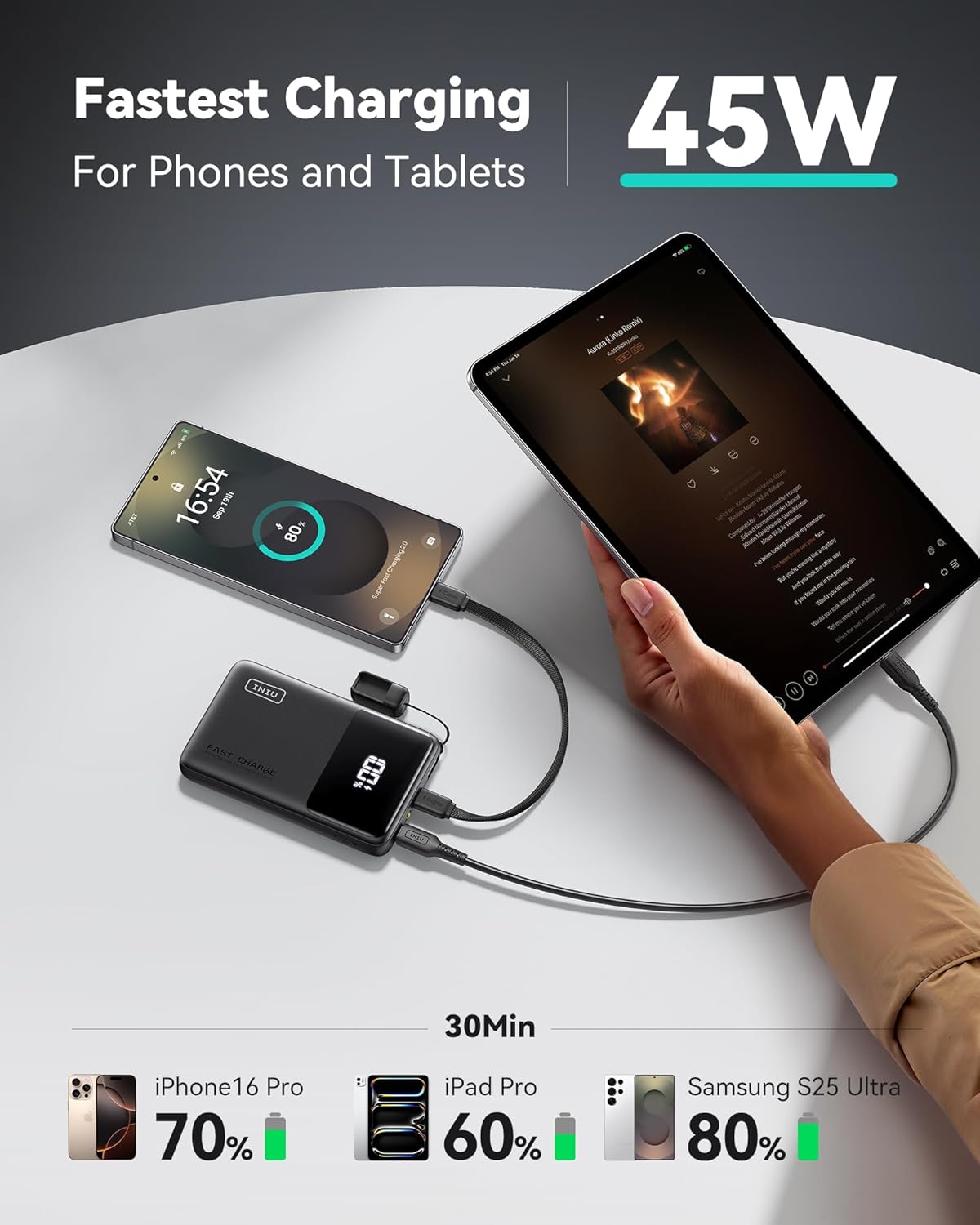 INIU Portable Charger, Compact 45W Fast Charging Power Bank, 10000mAh USB C Battery Pack with Cable & Stand, TSA Travel Phone Charger for iPhone 17 16 15 14 Pro Max Air, Samsung S26 S25, iPad etc
