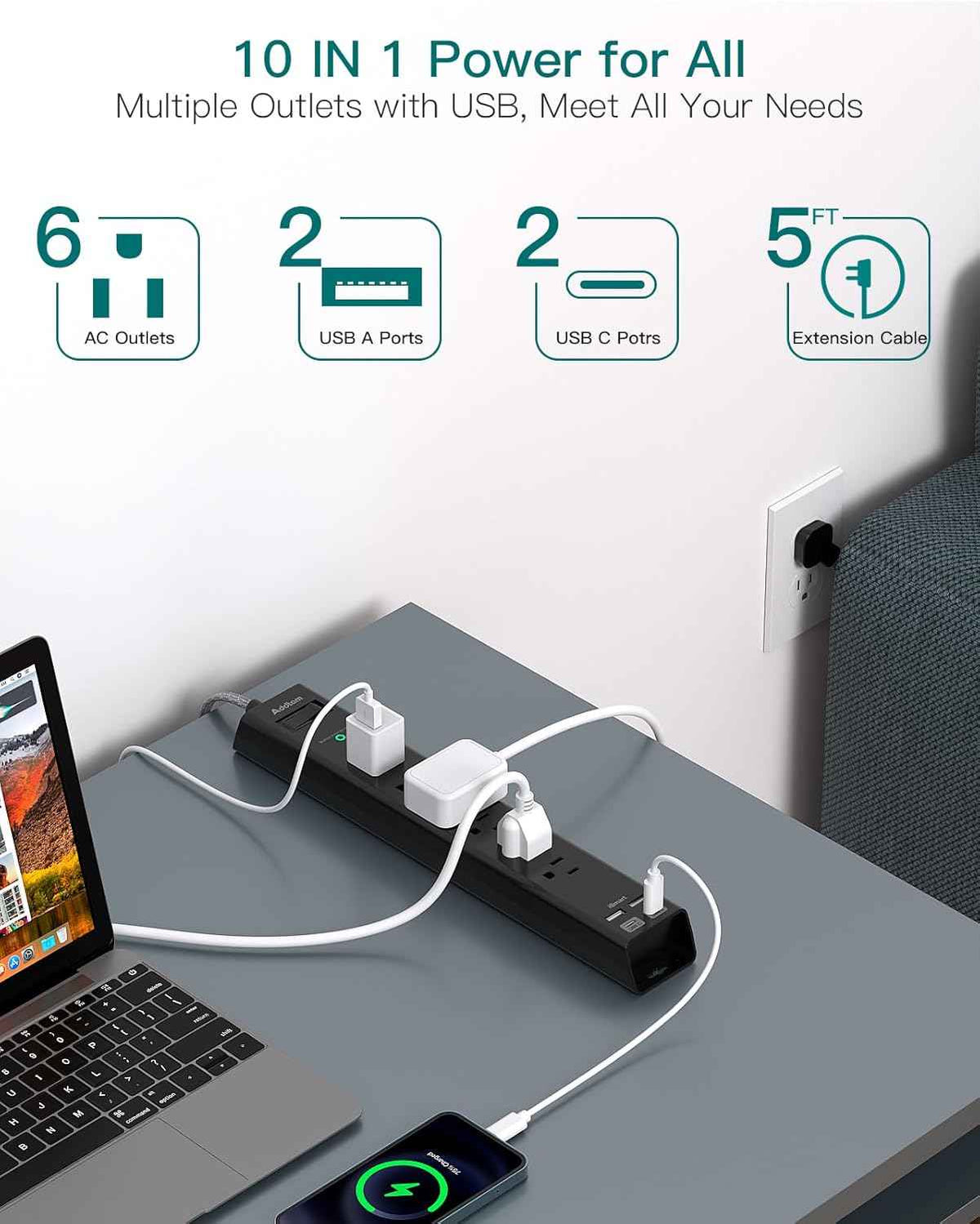 Surge Protector Power Strip - Extension Cord with Addtam 6 AC Outlets 4 USB (2 USB-C Ports), 1875W/15A, Flat Plug with Overload Surge Protection, Outlet Extender for Home Office Dorm Room Essentials