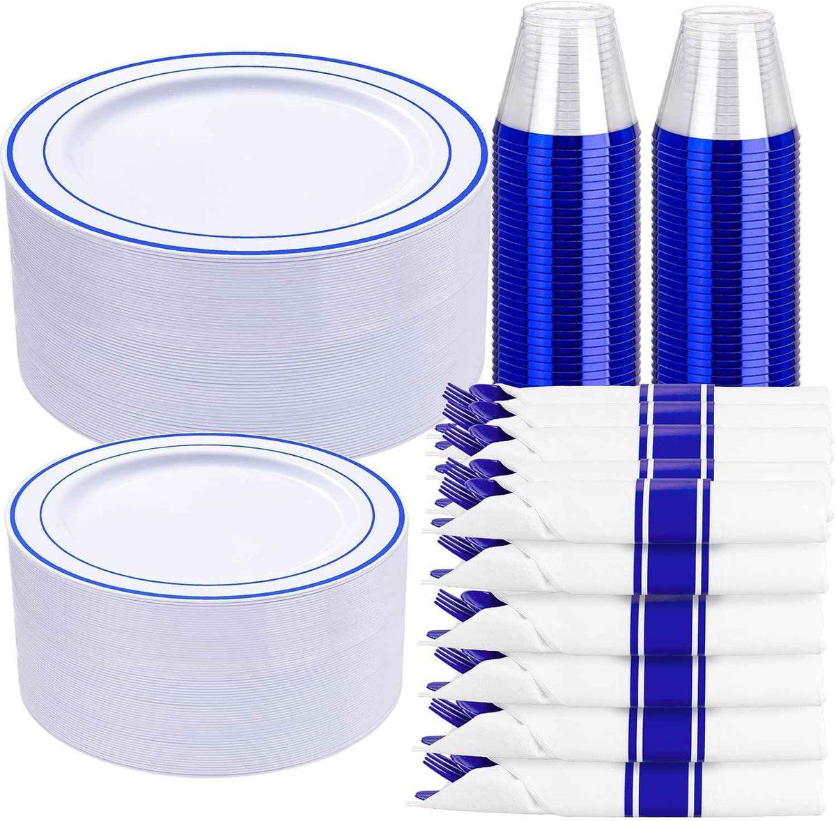 WELLIFE 700 Pieces Gold Plastic Dinnerware Set for 100 Guests - Includes Plates, Cups, Napkins, and Disposable Cutlery - Elegant White & Gold Design, Perfect for Parties and Events