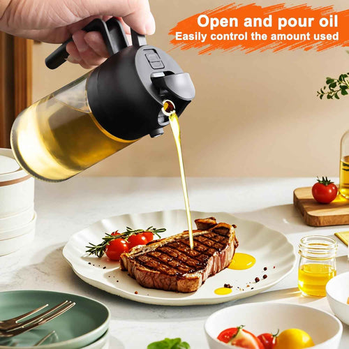 2 in 1 Glass Oil Sprayer & Dispenser,16oz/470ml Olive Cooking, Air Fryer, and Salad, for Kitchen Gadgets and Air Fryer Accessories, w/Stickers (Black)