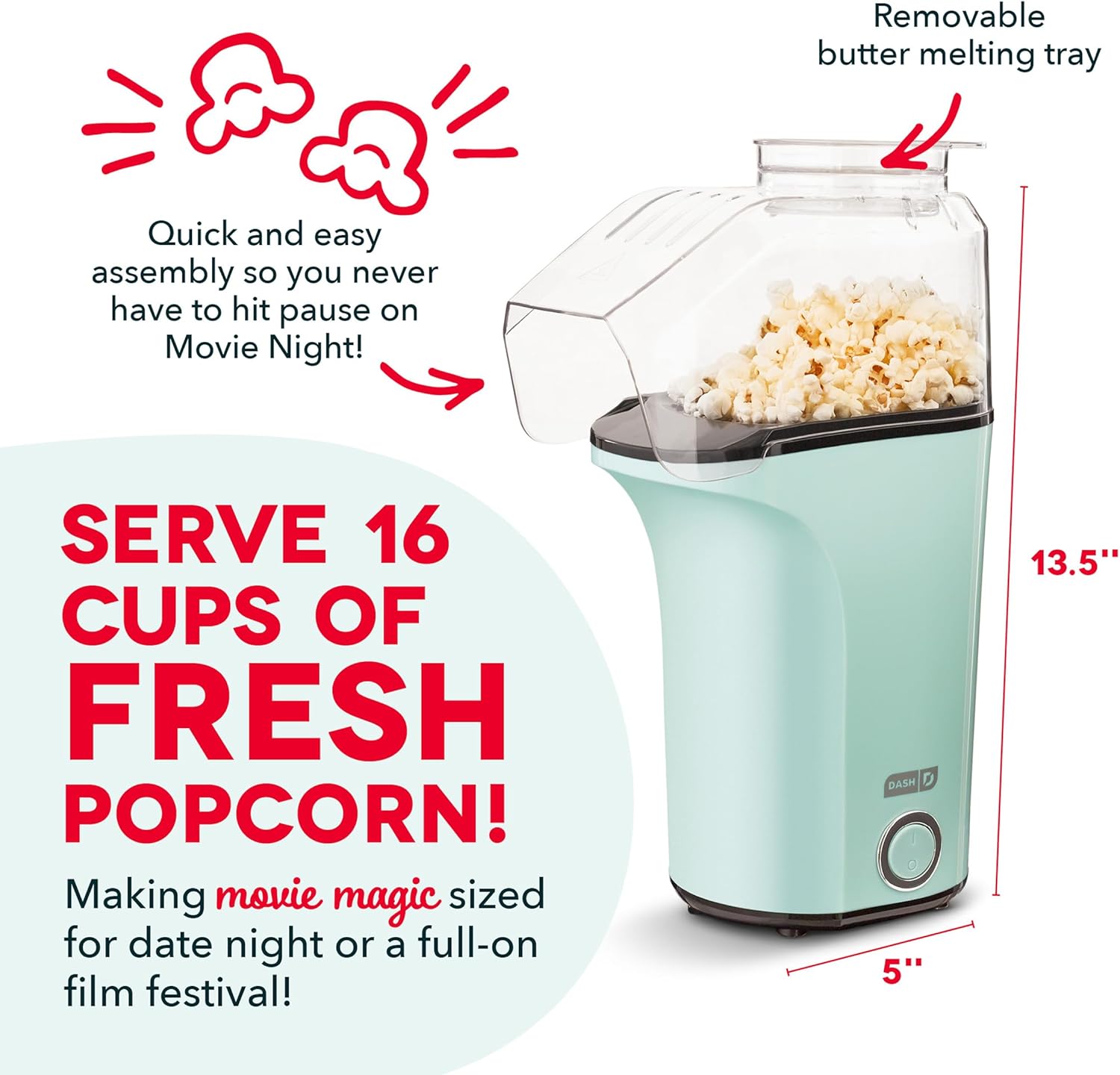 DASH Fresh Pop Popcorn Maker - Oil-Free, Air Popcorn Popper - With Measuring Cup & Recipe Guide - Perfect for Movie Nights - 16 Cups, Aqua