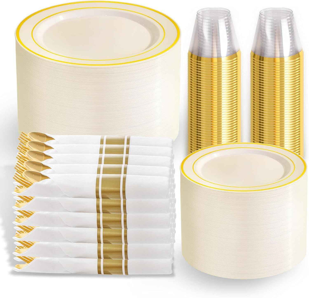 WELLIFE 700 Pieces Gold Plastic Dinnerware Set for 100 Guests - Includes Plates, Cups, Napkins, and Disposable Cutlery - Elegant White & Gold Design, Perfect for Parties and Events