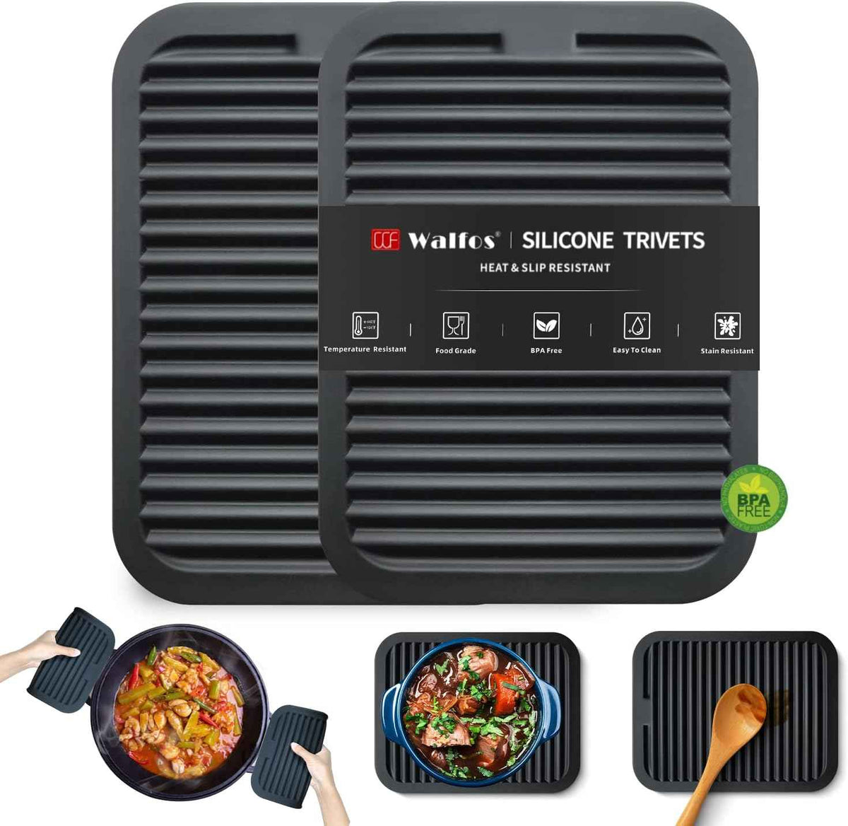 Walfos Silicone Trivet Mats - 4 Heat Resistant Pot Holders, Multipurpose Non-Slip Hot Pads for Kitchen Potholders, Hot Dishers, Jar Opener, Spoon Holder, Food Grade Silicone & BPA Free (Black)