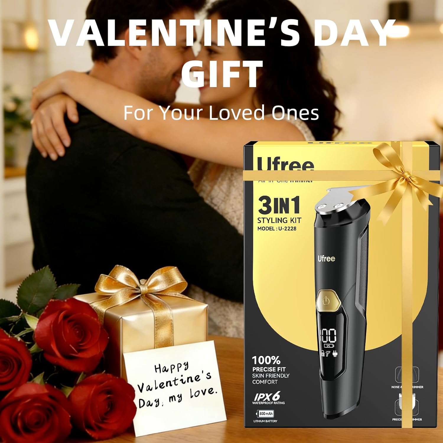 Ufree 3-in-1 Beard Trimmer for Men, Valentine Gifts for Men, IPX6 Waterproof Men's Electric Razor Shaver for Mustache, Professional Hair Trimmer Clippers, Type-C Body Grooming Kit