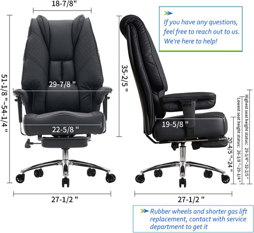 Big and Tall Office Chair 400lbs Wide Seat, Leather High Back Executive Office Chair with Foot Rest, Ergonomic Chairs Lumbar Support for Lower Back Pain Relief (Black)