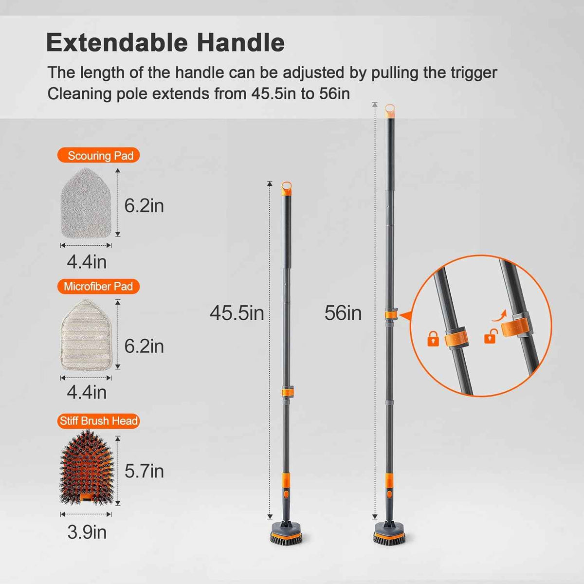 Tile Tub Scrubber Brush with 3 Different Function Cleaning Heads and 56" Extendable Long Handle-No Scratch Shower Scrubber for Cleaning Bathroom Kitchen Toilet Wall,Bathtub,Sink,Grey