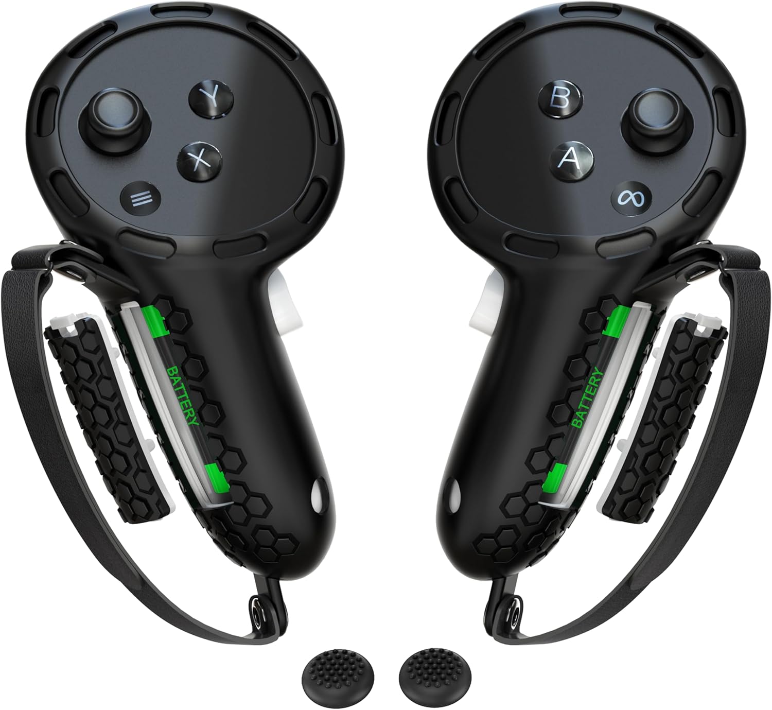 Controller Grips Compatible with Meta Quest 3S Oculus Quest 3 Controllers Straps Knuckle Hand Strap with Battery Opening Covers with Thumbsticks Covers Black, Batteries Not Included