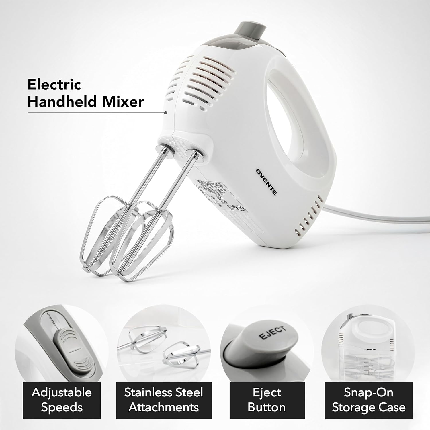 OVENTE 5-Speed Corded Electric Hand Mixer with Stainless Steel Whisks, Compact Portable Design with Snap-On Storage Case,150W Lightweight Handheld Mixer for Baking & Cooking, White HM151W