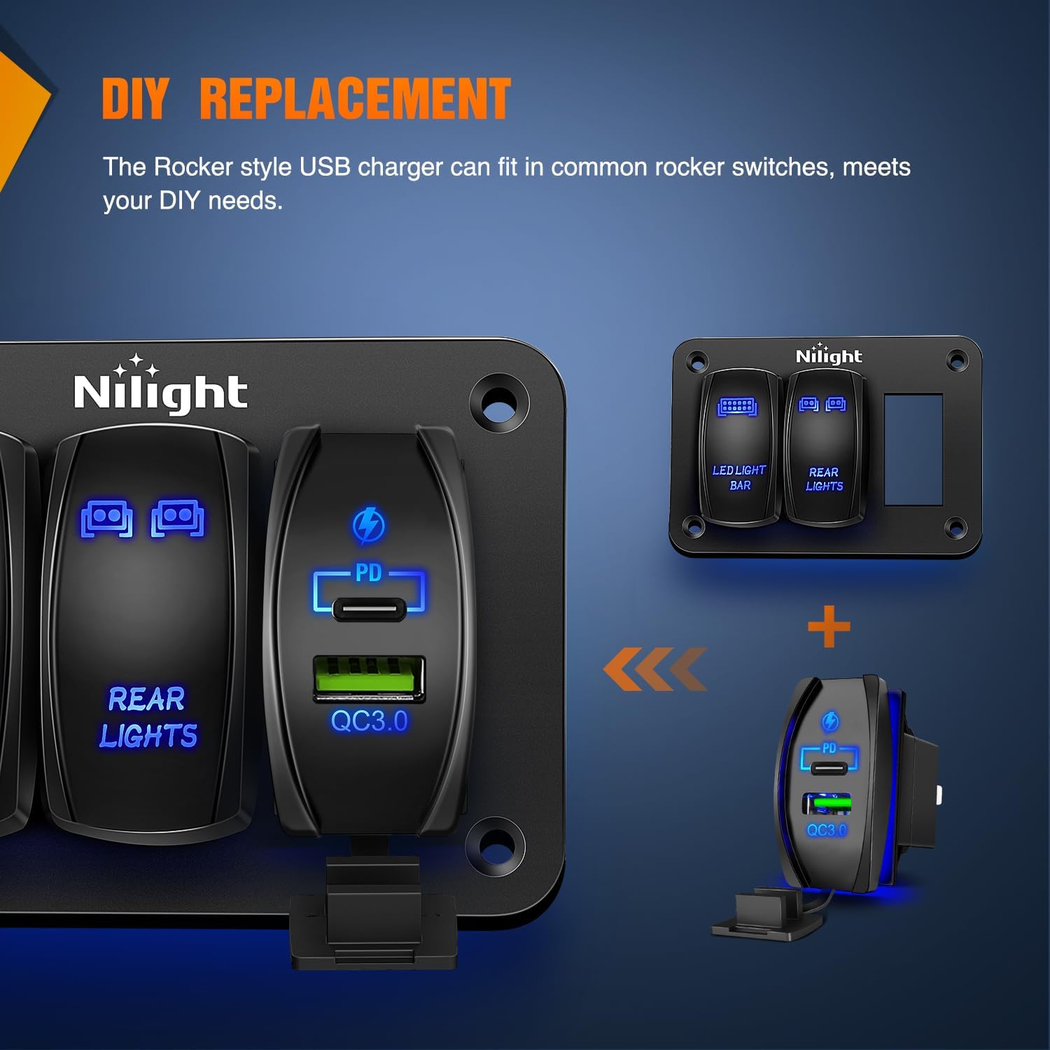 Nilight Rocker Switch Style USB Outlet Socket Fits Panel 4.2A PD Type C and QC 3.0 12V 24V Fast Socket Dual Outlets Port for Cars Boats Trucks RVs