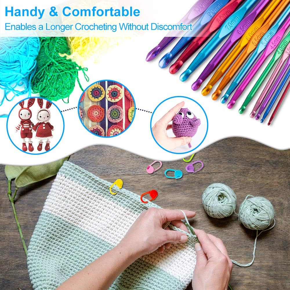 Vodiye 14 Sizes Crochet Hooks Set 2.0–10.0mm, Colorful Metal Crochet Needles, Ergonomic for Comfortable Crocheting