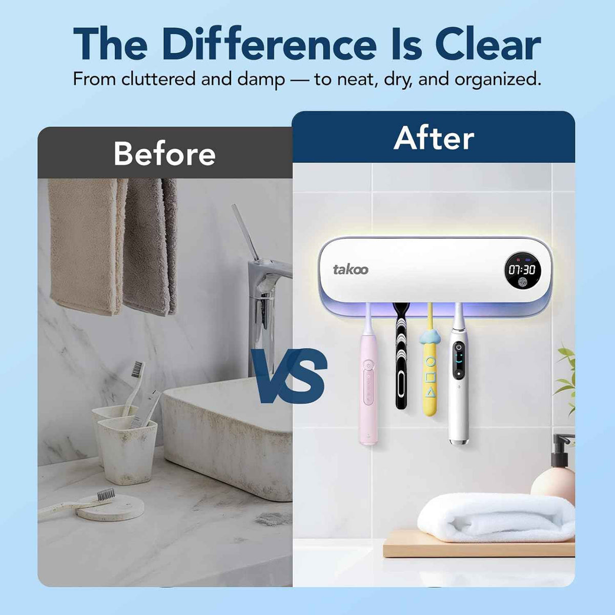 Takoo Toothbrush Cleaner, 4 Slots Wall Mounted Toothbrush Holder for Bathroom, Smart Hot Air Drying Technology, Rechargeable Smart Home Gadget