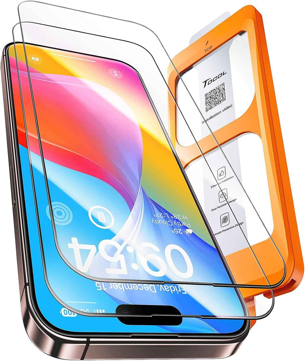 TOCOL for iPhone 17 Screen Protector 6.3 inch 9H Hardness Military Grade Shatterproof HD Tempered Glass for Full Coverage Protection 2 Pack