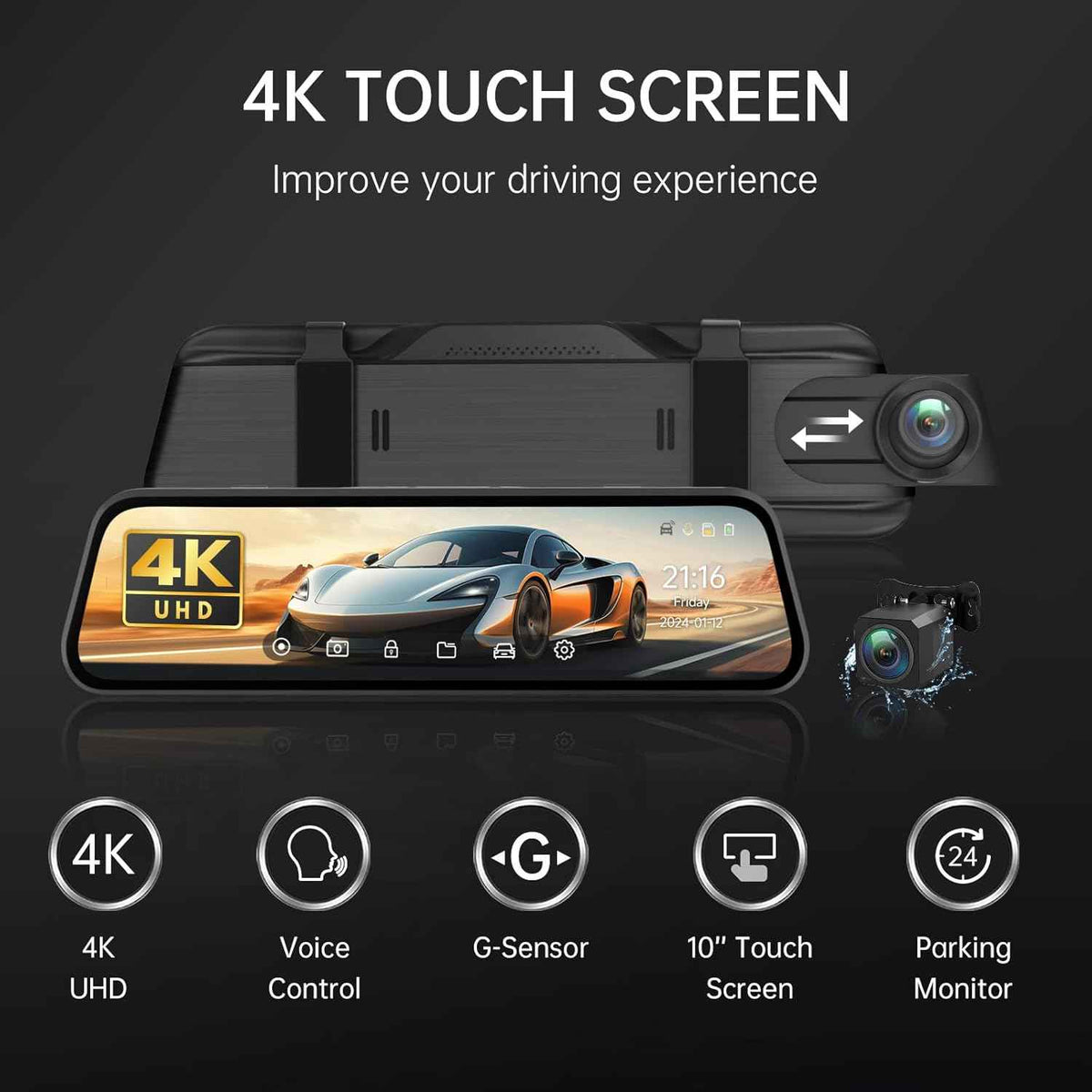 Veement 4K Rear View Mirror Camera, 10'' 4K Mirror Dash Cam with 1080P Backup Camera, Dash Cam Front and Rear for Car with Voice Control, 24H Parking Mode, Night Vision, 32GB SD Card Included