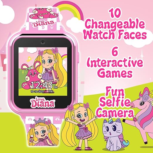 Love Diana Kids Smart Watch - Touchscreen with Games, Selfie Camera, Step Tracker, Alarm Timer, Voice Recorder, and Printed Silicone Strap - Fits Wrists 5.5" to 8.0"