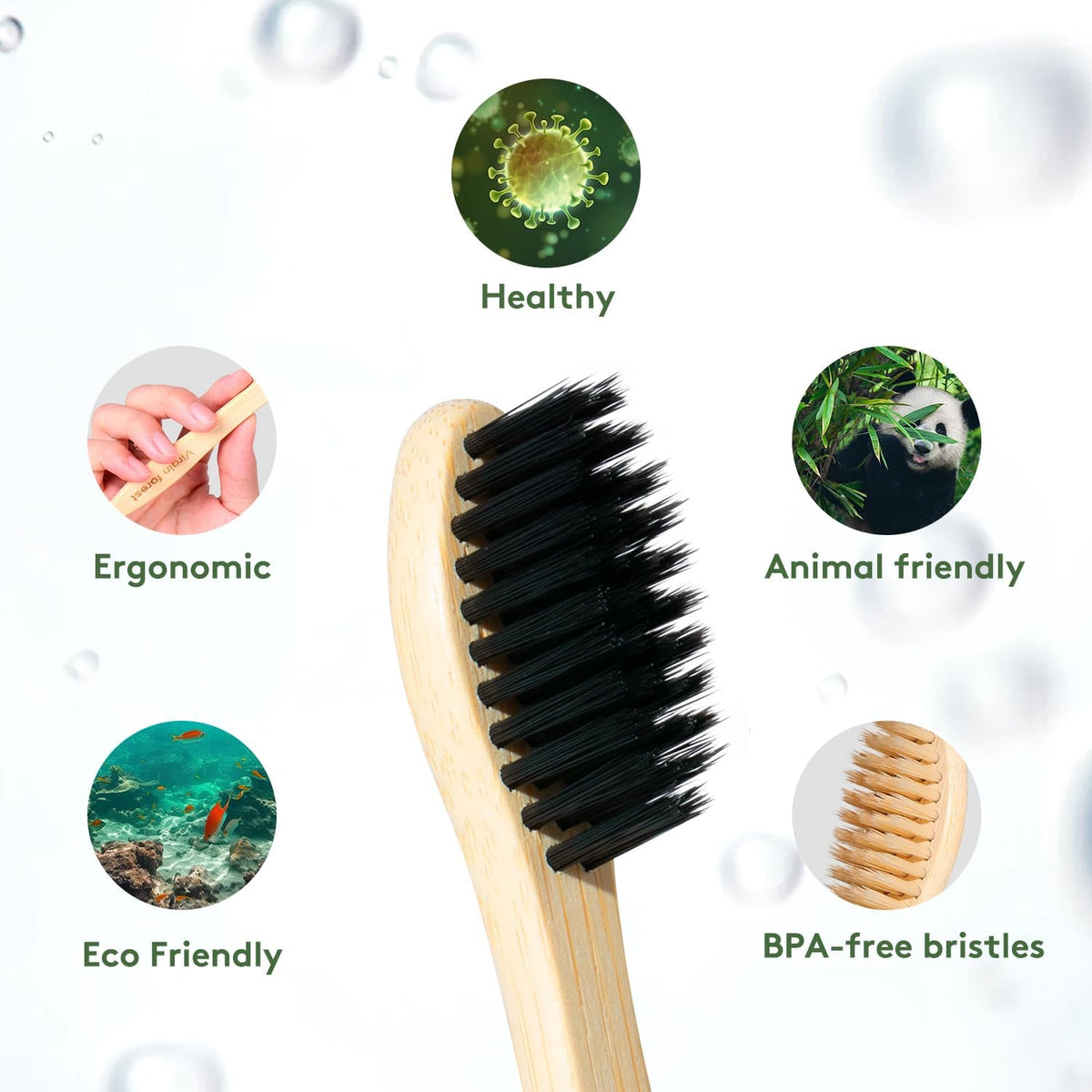 Virgin Forest 10 Count Bamboo Toothbrush, Soft Bristle for Adults, Eco Friendly Natural Wooden Toothbrushes, Vegan Organic Bamboo Travel Tooth Brush (10 Colors)