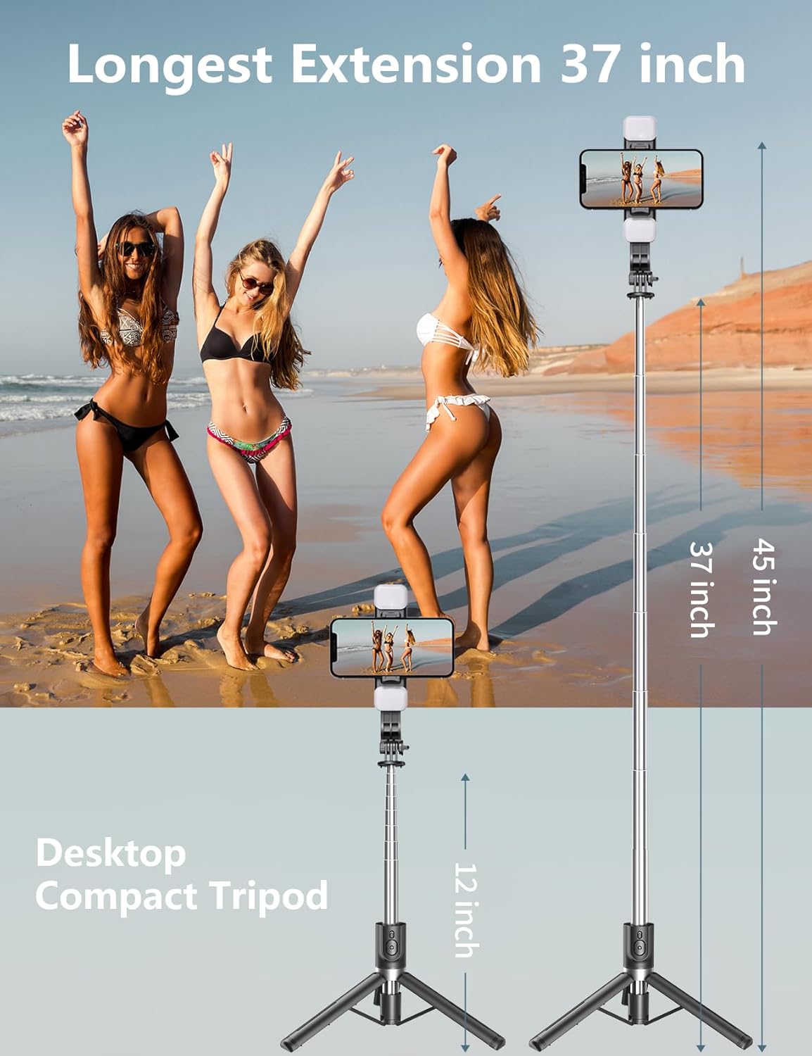 Selfie Stick Tripod with Light, 45'' Selfie Stick with Wireless Remote, Portable Phone Tripod Compatible with iPhone 16/15 Pro Max/15/14 Pro/14/13, Samsung S22/ S23 Ultra/Android Smartphone