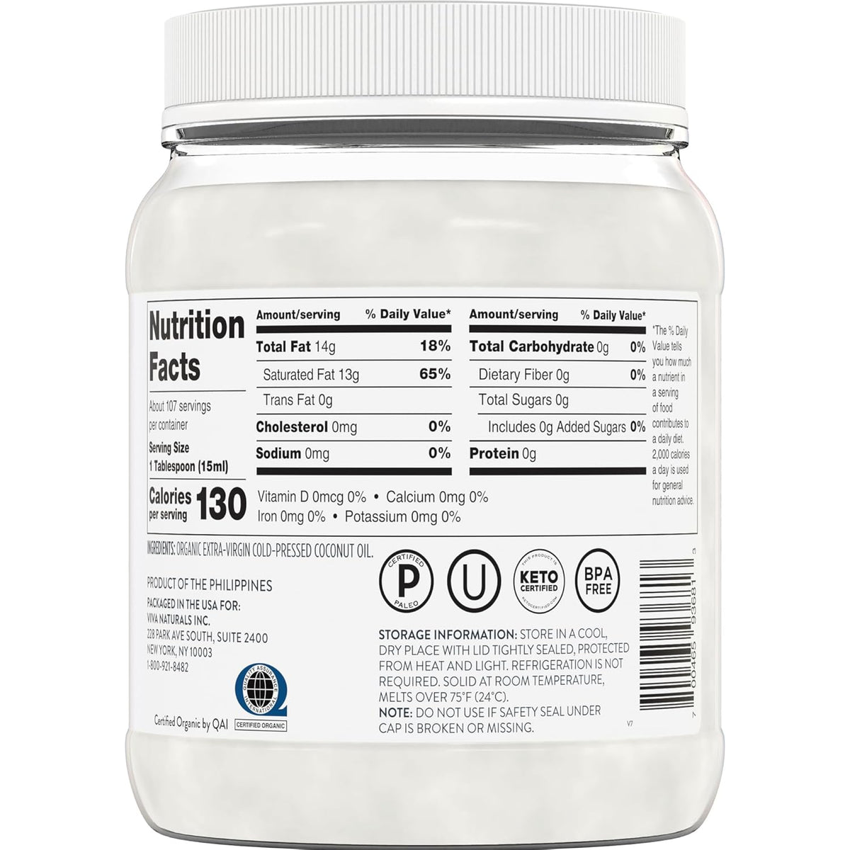 viva naturals 54 fl oz unrefined cold-pressed extra virgin coconut oil