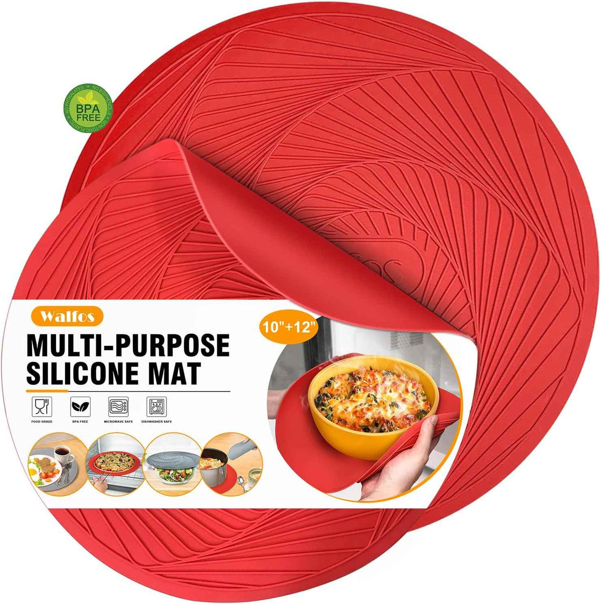 Walfos Silicone Trivet Mats - 4 Heat Resistant Pot Holders, Multipurpose Non-Slip Hot Pads for Kitchen Potholders, Hot Dishers, Jar Opener, Spoon Holder, Food Grade Silicone & BPA Free (Black)