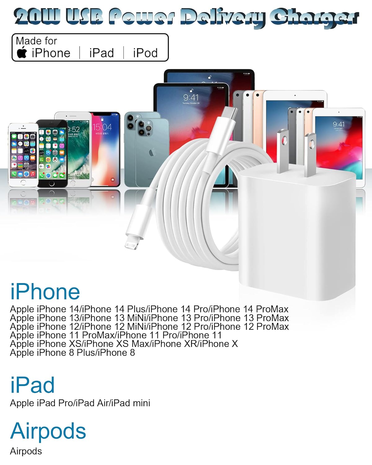 iPhone Fast Charger,Apple Charger Super Quick iPhone Charger Fast Charging,2Pack 10FT Long Type-C to Lightning Cable Cord USB C Wall Charger Block Adapter for iPhone 14 13 12 11/13Pro Max/12Mini/XS/XR