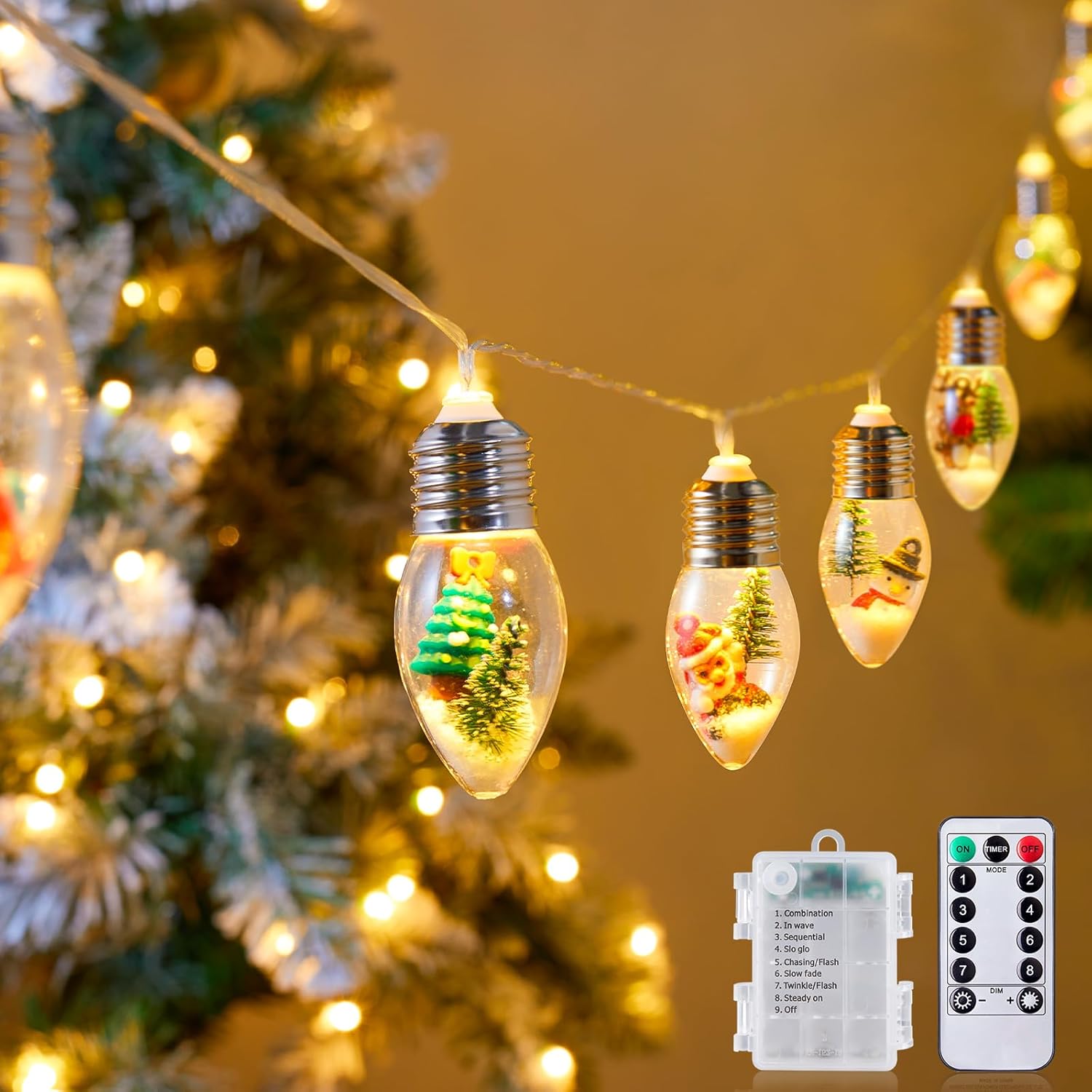 Vintage-Christmas-Lights-Indoor-String-Lights, 7.5Ft C9 Christmas Snow Globe String Lights with Tree & Snow & Cute Ornaments, 8 Modes Battery Operated Lights for Tree Garland Fireplace Xmas Decor