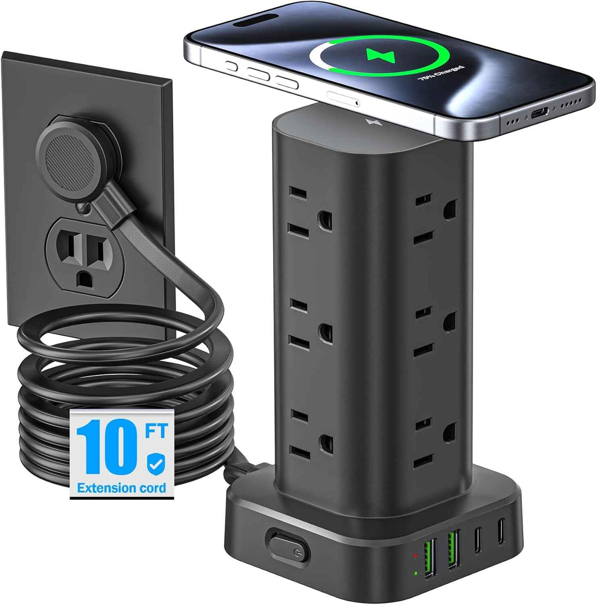 Tower Power Strips with Surge Protection, 6FT Flat Extension Cord with Multiple Outlets, 12 AC 4 USB Ports, Overload Protection Charging Station for Office Home Dorm Room Travel (White)