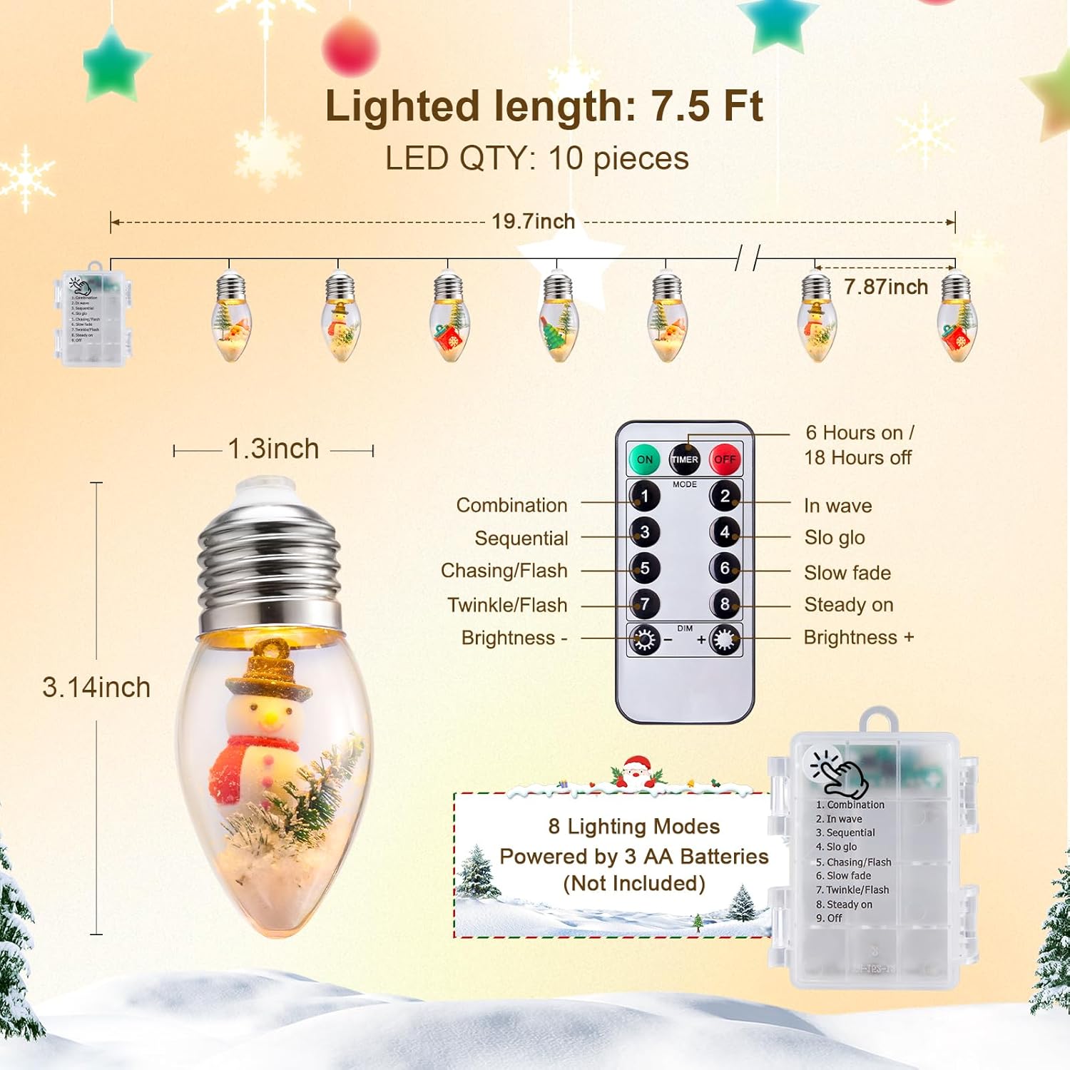 Vintage-Christmas-Lights-Indoor-String-Lights, 7.5Ft C9 Christmas Snow Globe String Lights with Tree & Snow & Cute Ornaments, 8 Modes Battery Operated Lights for Tree Garland Fireplace Xmas Decor