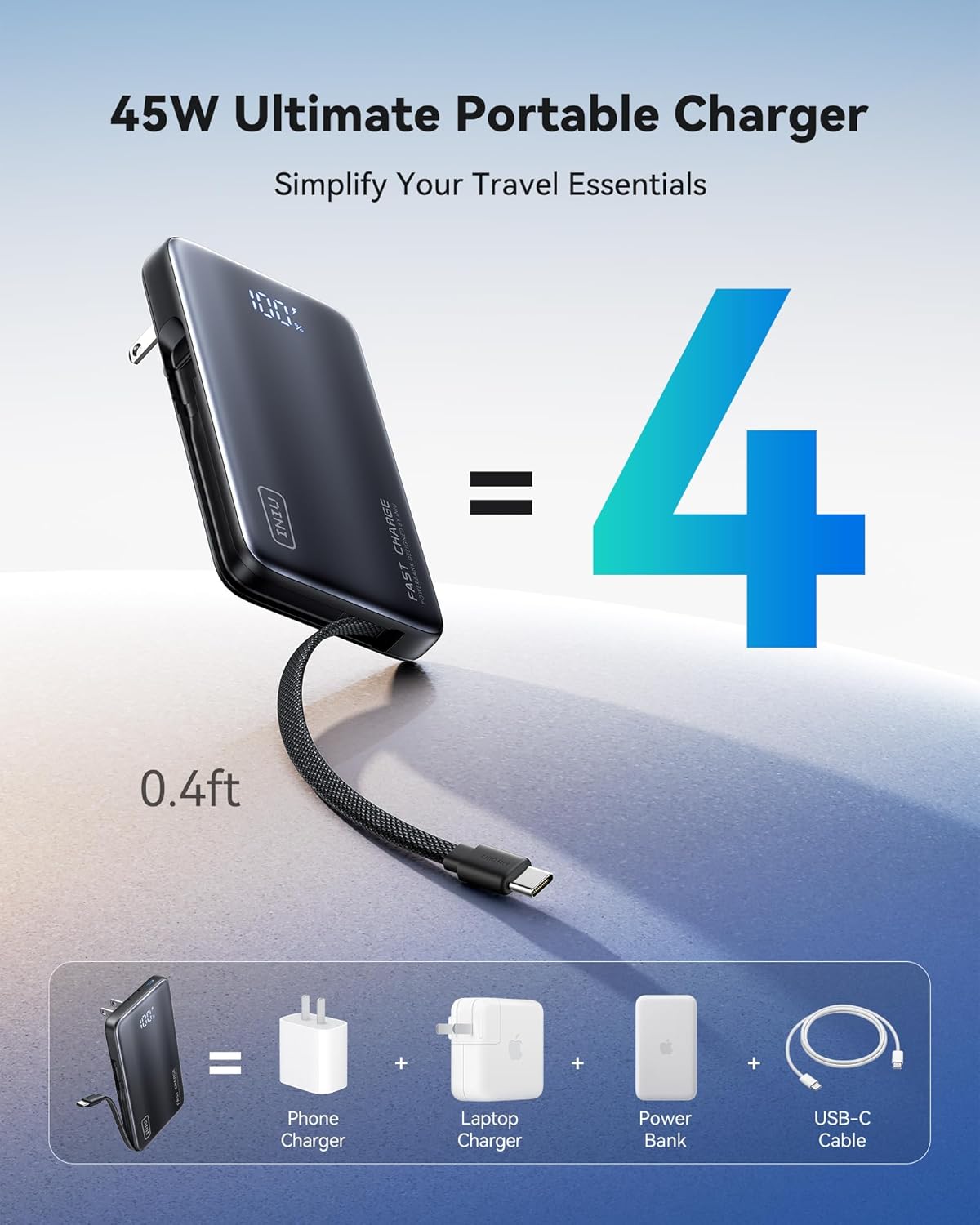 INIU Portable Charger, Ultra Slim & Small 45W Fast Charging Power Bank, 10000mAh GaN Battery Pack with Built-in AC Wall Plug, Flight-Safe Travel 3-in-1 Powerbank, for iPhone 17 16, Samsung, Tablet etc