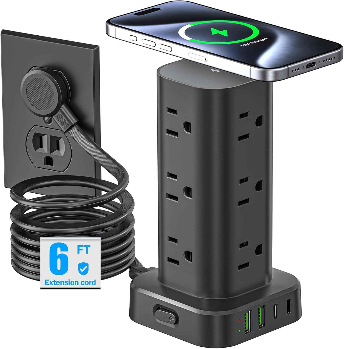 Tower Power Strips with Surge Protection, 6FT Flat Extension Cord with Multiple Outlets, 12 AC 4 USB Ports, Overload Protection Charging Station for Office Home Dorm Room Travel (White)