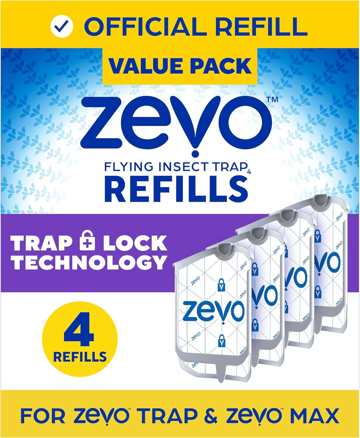 Zevo Flying Insect Trap Refill - for The Zevo MAX & Standard Indoor Fly Trap - Catch Gnats, House & Fruit Flies - Easy to Use - Mess-Free Disposal (4 Refill Cartridges)