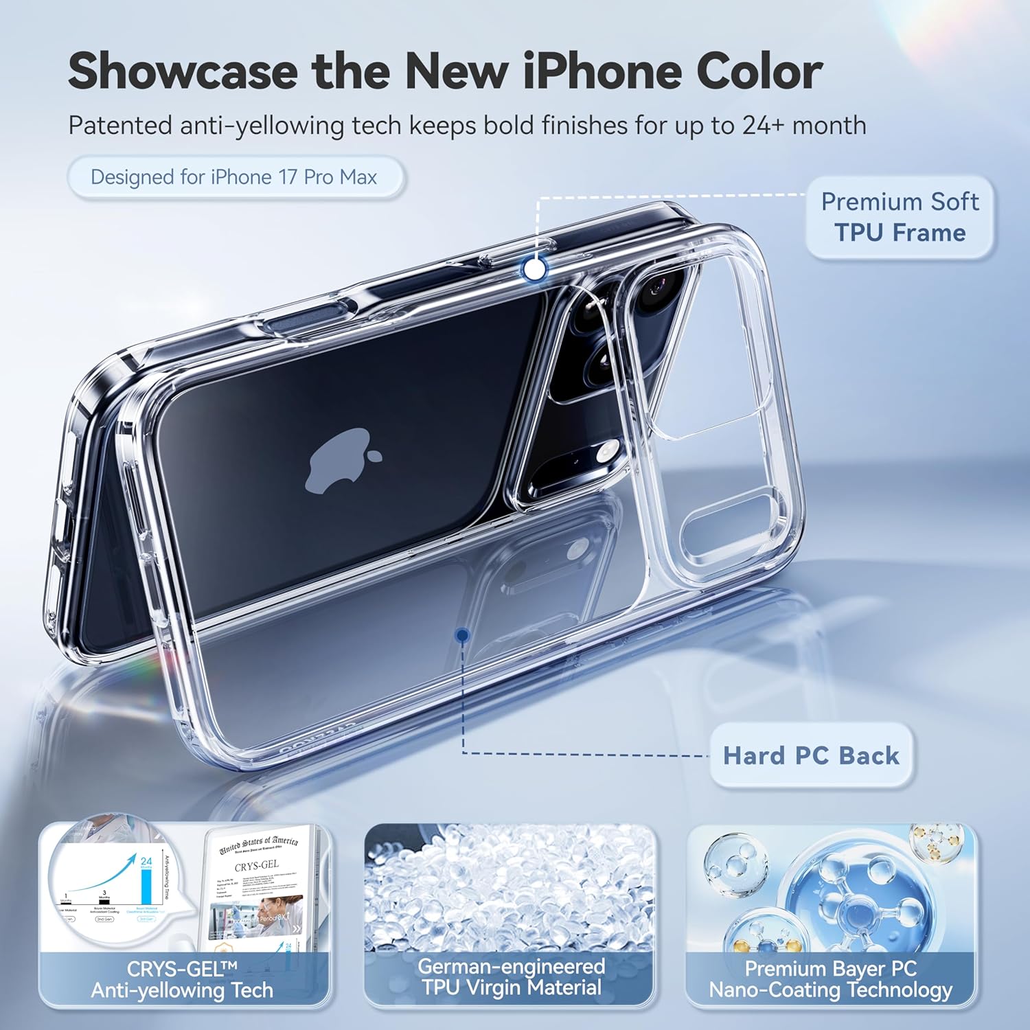 CASEKOO for iPhone 17 Pro Max Case Smooth Crystal Clear, Patented Anti-Yellow & Virgin TPU, 15FT Military-Grade Protection, Slim Transparent Women Men Funda para for iPhone 17 Pro Max Case 6.9", Clear