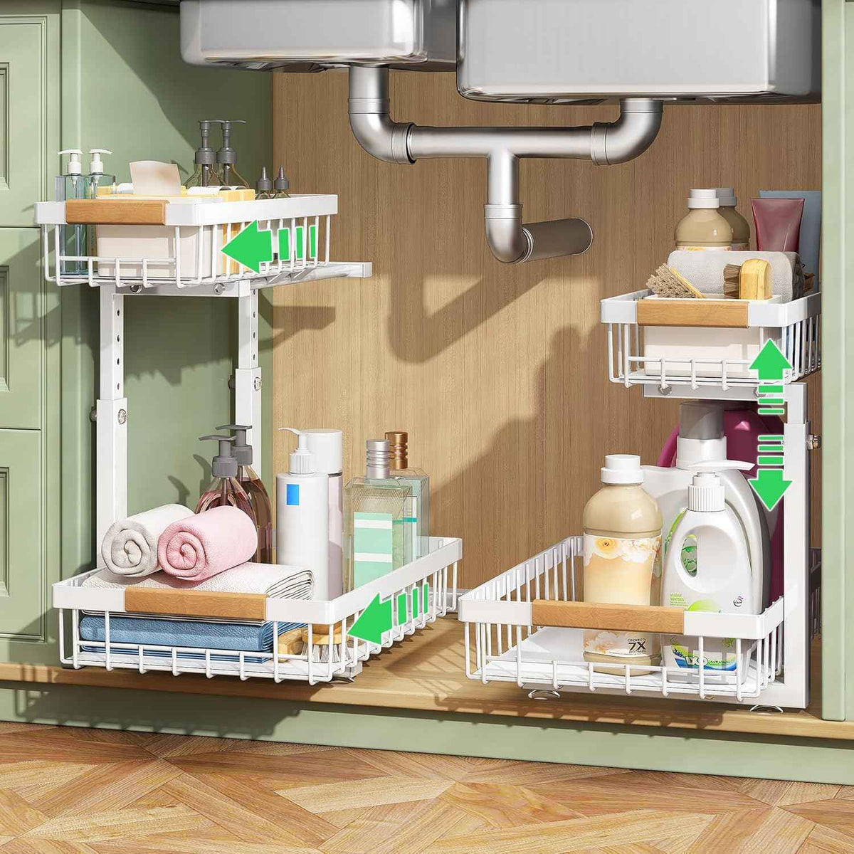 Under Sink Organizer, 2 Packs 2 Tier Under Sink Organizers and Storage, Slide out Pull out Cabinet Organizer Shelf, Metal Sliding Drawer for Kitchen Bathroom Pantry Cabinet Closet Organization Rack