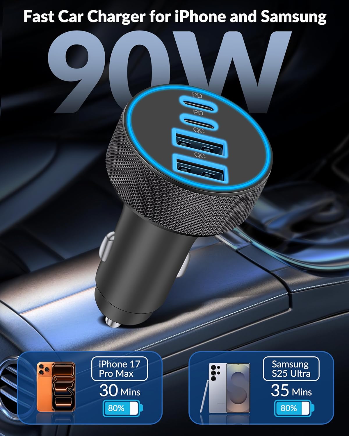 [4 in 1] USB C Car Charger, 4-Port 90W Super Fast Charging Cigarette Lighter Adapter, Dual 45W USBC & USB-A Multiport Car Phone Charger Accessories for iPhone 17 16 15 14 13 12, iPad, Galaxy, Tablet