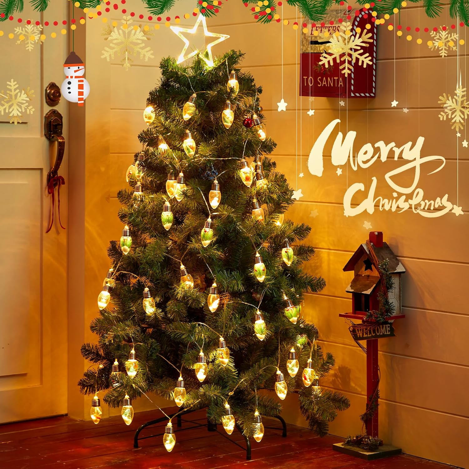 Vintage-Christmas-Lights-Indoor-String-Lights, 7.5Ft C9 Christmas Snow Globe String Lights with Tree & Snow & Cute Ornaments, 8 Modes Battery Operated Lights for Tree Garland Fireplace Xmas Decor