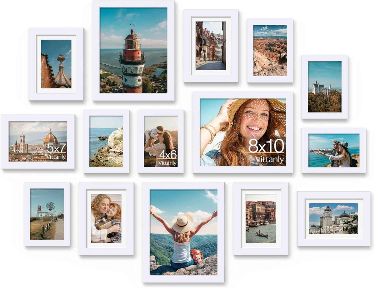 Vittanly 15 Pack Picture Frames Collage Wall Decor for Mounting or Tabletop Display, Gallery Frame Set for Family, Multi Sizes Including 3pcs 8x10, 6pcs 5x7, 6pcs 4x6, Black