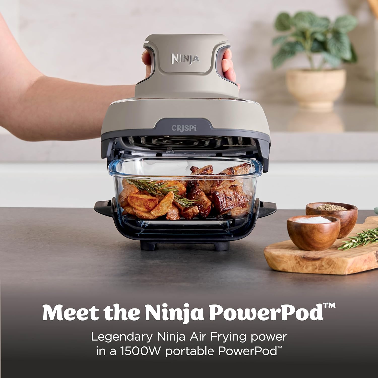 Ninja Crispi 4-in-1 Glass Air Fryer | 450°F | Non-Toxic | 4QT & 6-Cup Glass Containers w/Lids | Microwave, Freezer, Dishwasher Safe | Max Crisp, Air Fry, Bake, Recrisp | Stone | FN101ST