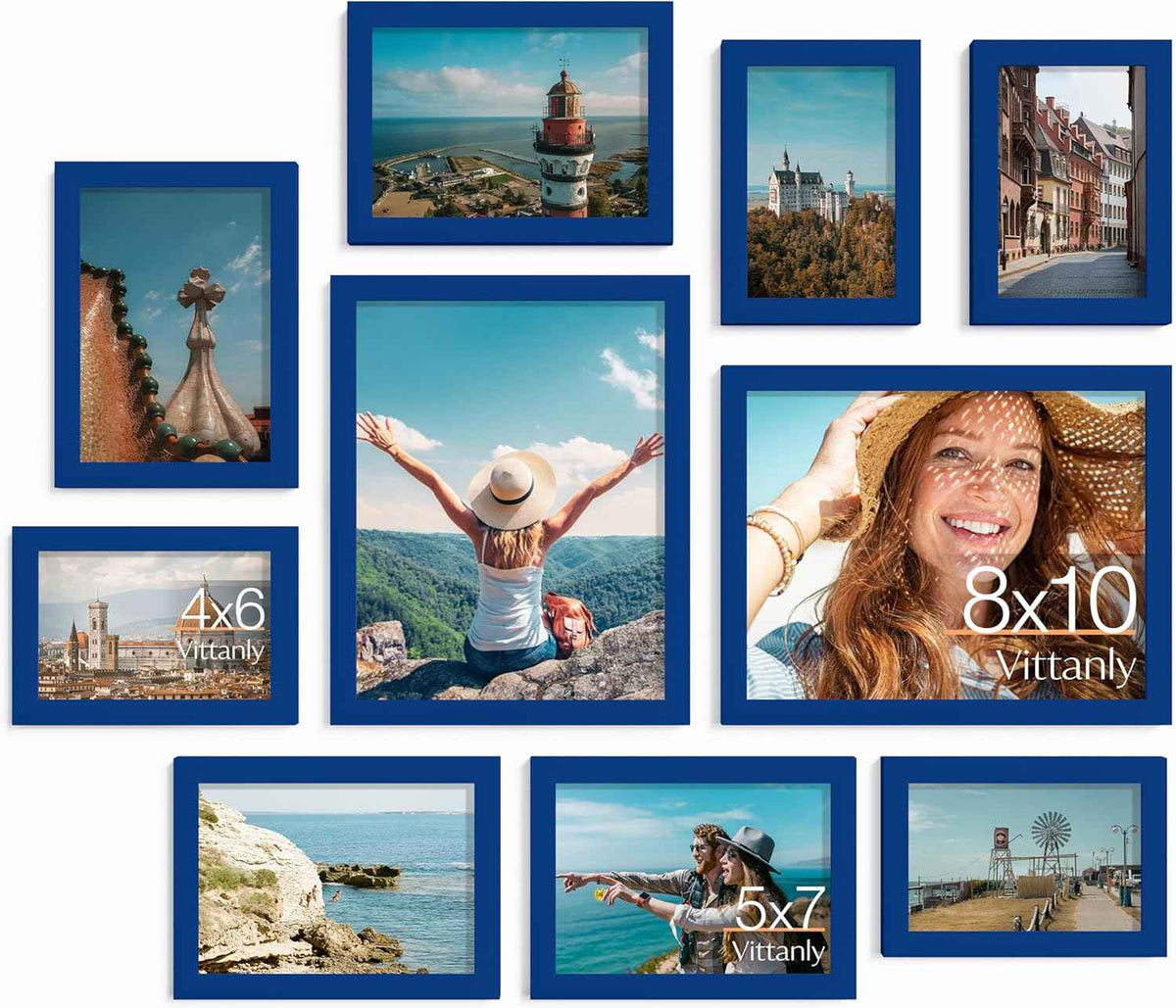 Vittanly 10 Pack Picture Frames Collage Wall Decor, Gallery Wall Frame Set for Wall or Tabletop Display, Engineered Wood and Shatter-resistant Plexiglass, Multi Sizes with 8x10, 5x7, 4x6 Frames, Black
