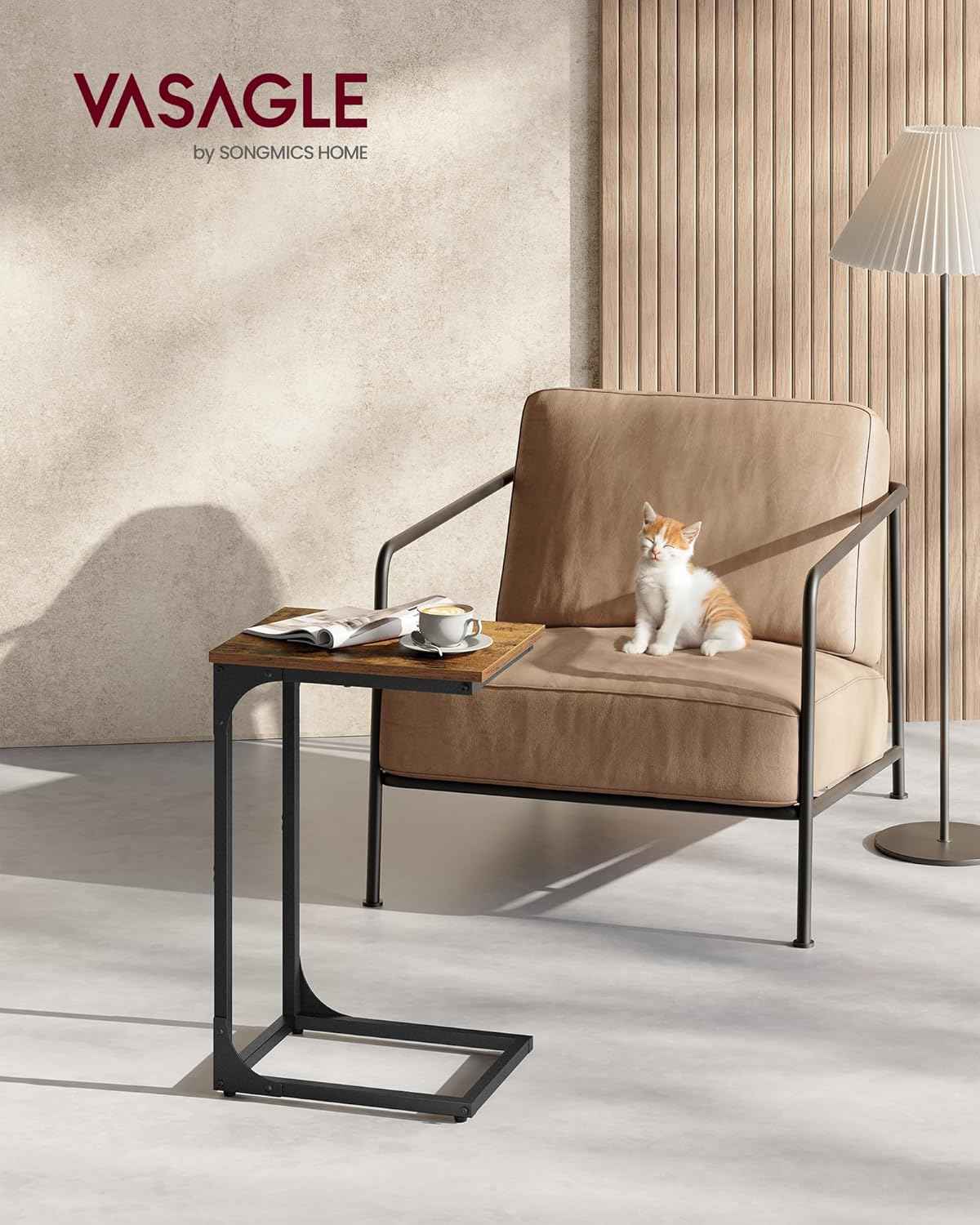 VASAGLE C-Shaped End Table, Small Side Table for Couch, Sofa Table with Metal Frame for Living Room, Bedroom, Bedside, Rustic Brown and Black