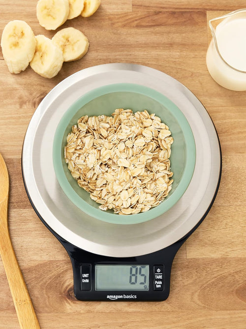 Amazon Basics Digital Kitchen Scale with LCD Display, Tare Function, Multiple Units, Weighs up to 11 Pounds, Batteries Included, Black and Stainless Steel
