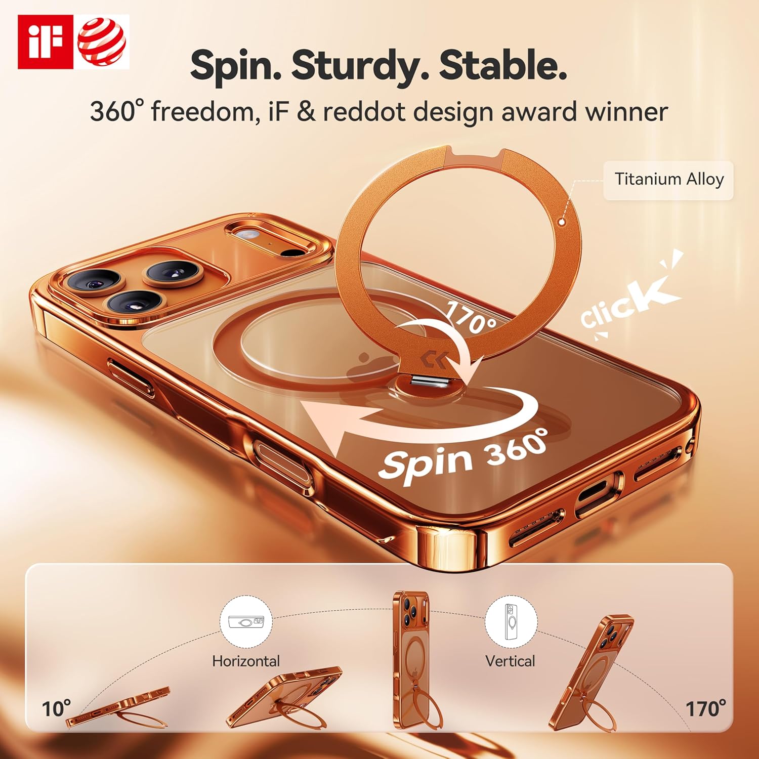 CASEKOO Cosmic Orange Glossy for iPhone 17 Pro Max Case [360 Spin Magnetic Stand][Fit for MagSafe][17FT Military Protection] Slim Hand-Polished Frame Titanium Alloy Sturdy Stand 6.9", Cosmic Orange