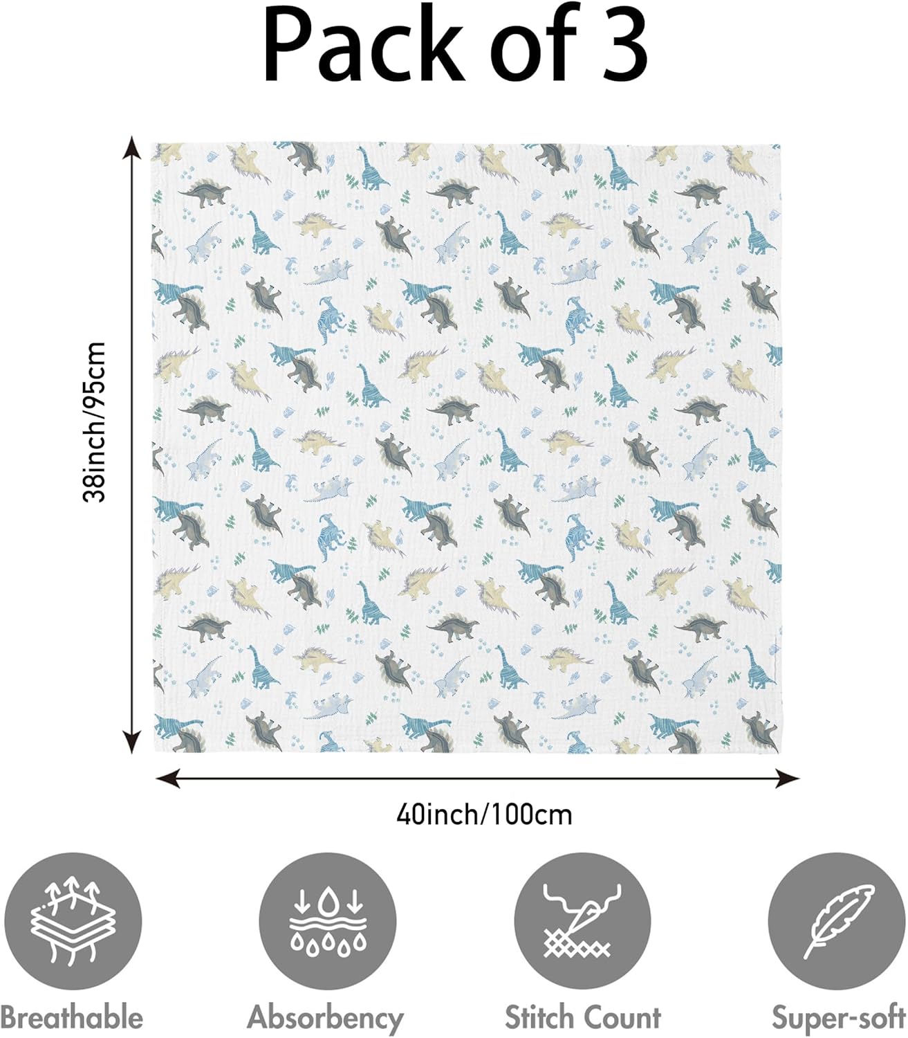Muslin Swaddle Blankets for Newborn, 3 Pack Breathable Soft Receiving Blanket, Large 38 x 40 inches Swaddle Wrap Burping Clothes Diapers, Essentials Infant Shower Items, Toddler Gift (Blue Dinosaur)