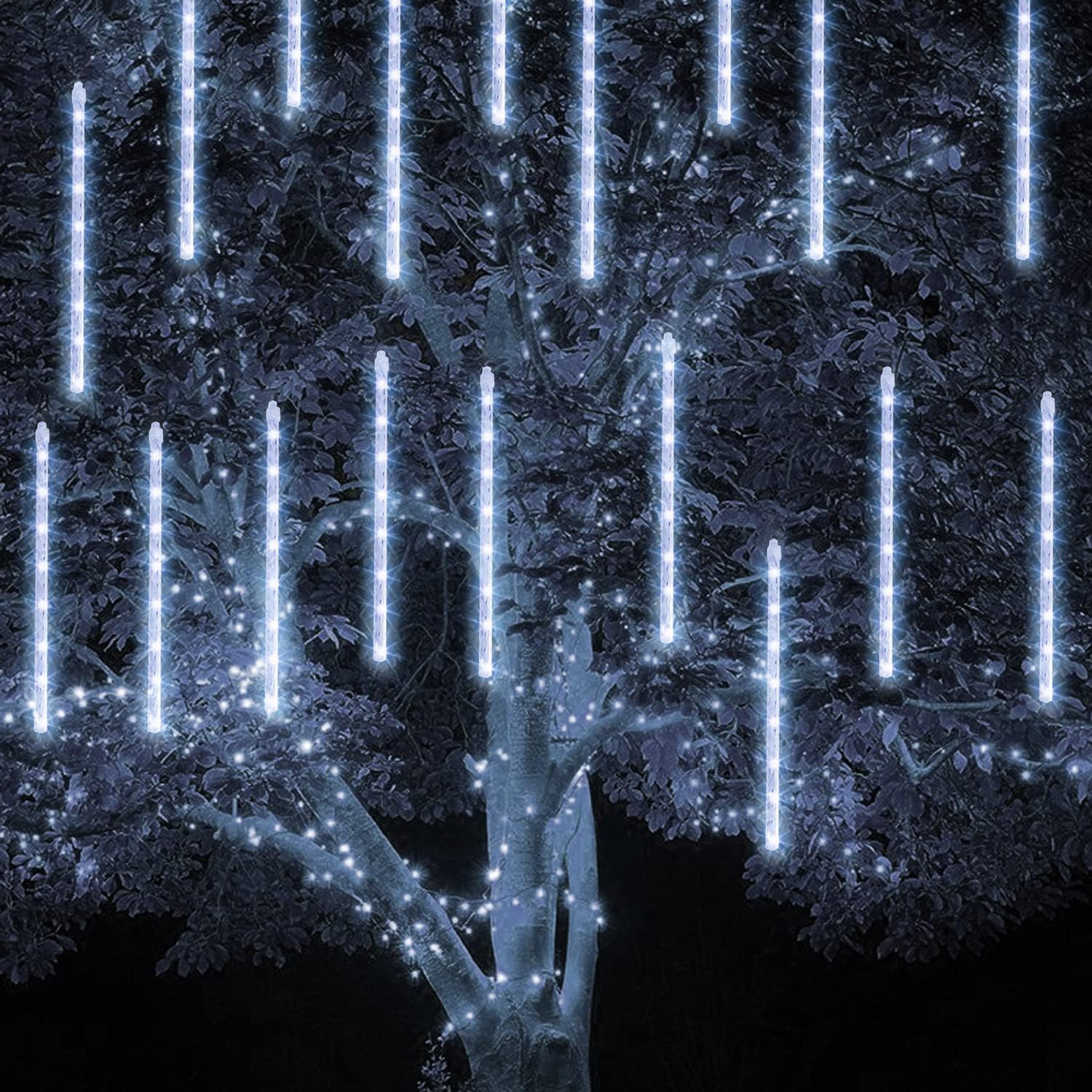 TW SHINE White Christmas Meteor Shower Lights Outdoor, 288LED 12" 8 Tubes Waterproof Christmas Lights Outdoor Plug in, Snow Falling Rain Icicle Xmas Light Decorations, White