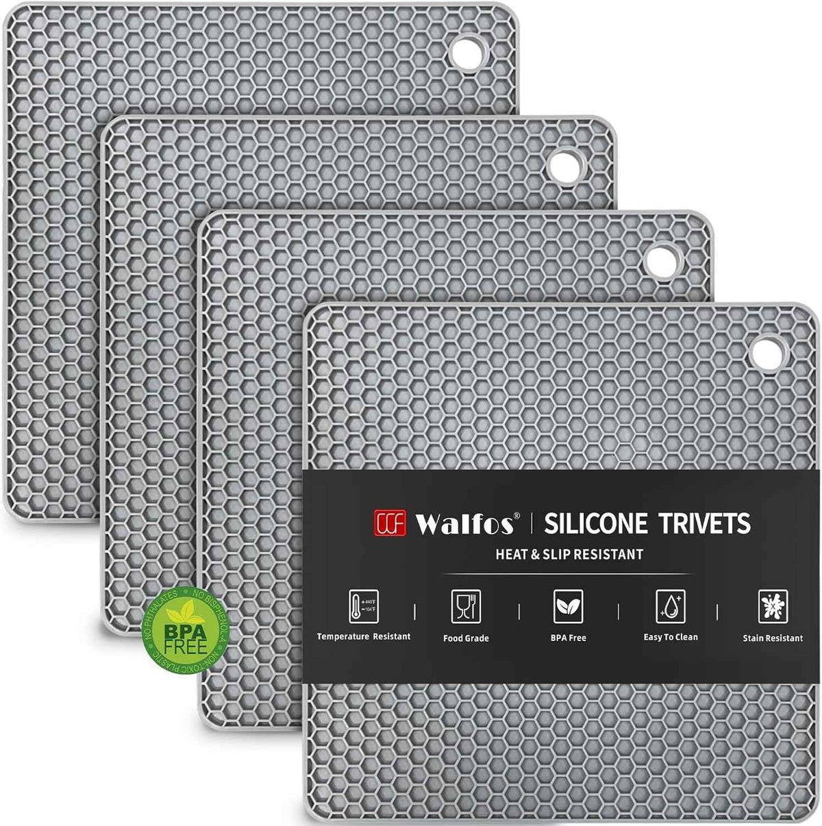 Walfos Silicone Trivet Mats - 4 Heat Resistant Pot Holders, Multipurpose Non-Slip Hot Pads for Kitchen Potholders, Hot Dishers, Jar Opener, Spoon Holder, Food Grade Silicone & BPA Free (Black)