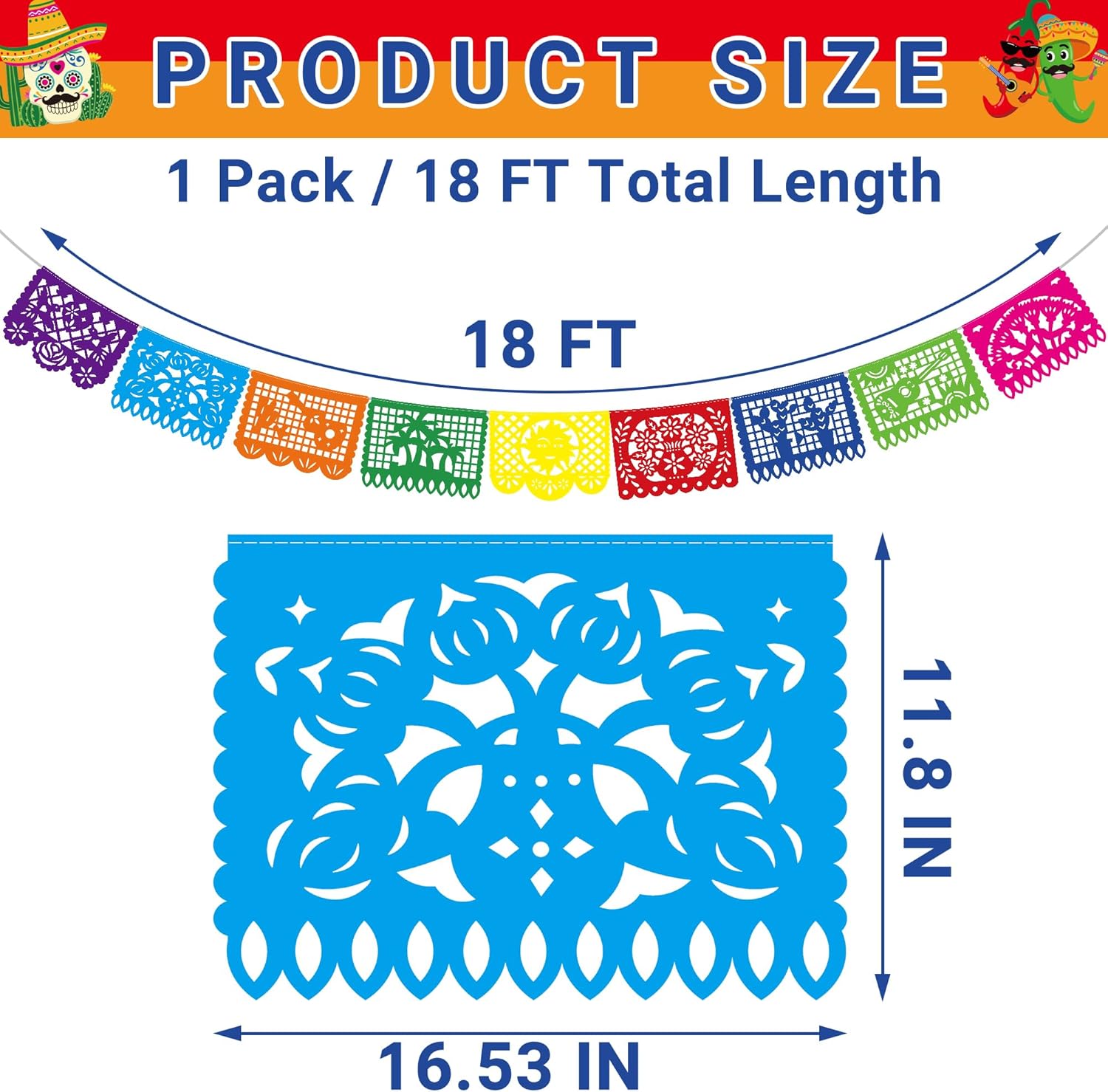 18 FT Cinco De Mayo Party Decorations, 1 Pack Fiesta Banner with 9 Plastic Papel Picado, Colorful Mexican Theme Party Flag Banner Dia De Los Muertos Day of the Dead Hanging Decor Home Party Supplies