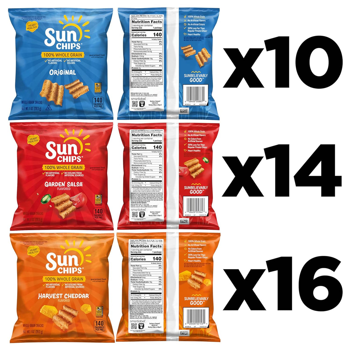 SunChips 100% Whole Grain Chips Variety Pack, 40 1 oz Bags, No Artificial Flavors or Colors