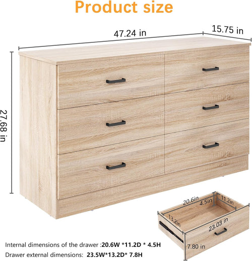 Bigbiglife Dresser for Bedroom, 6 Drawer Double Dresser, Modern Chest of Drawers with Deep Drawers, TV Stand Large Storage Organizer for Living Room, Closet (Light Oak)